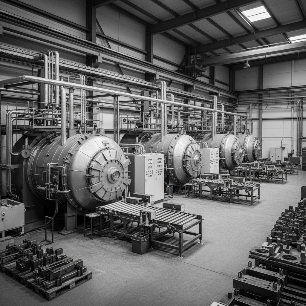 Mehrere große industrielle Druckbehälter stehen in einer weitläufigen Produktionshalle mit Förderbändern und Metallbauteilen auf Paletten.